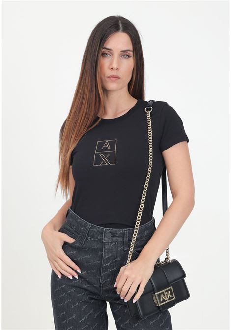 T-shirt a manica corta nera da donna con dettaglio logo in strass ARMANI EXCHANGE | 6DYT35YJCTZ1200